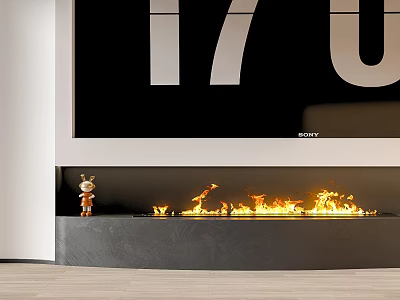 Modern Fireplace With Burning Flames And Small Figurine Below Large Screen Displaying 170 3d model