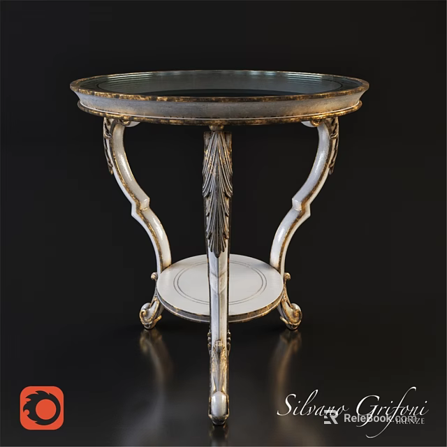 Round Dining Table with Glass Top White and Gold Carved Legs and Bottom Tray 3d model 