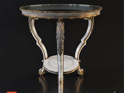 Round Dining Table with Glass Top White and Gold Carved Legs and Bottom Tray 3d model