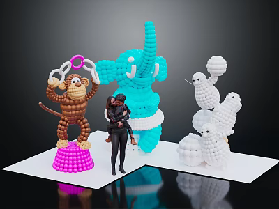 Balloon Sculptures On Display Platform With Blue Elephant Brown Monkey White Penguins And Standing Figure 3d model