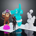 Balloon Sculptures On Display Platform With Blue Elephant Brown Monkey White Penguins And Standing Figure