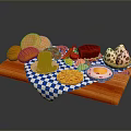 Assorted Morning Foods on Wooden Tray With Bread Pancakes Fruits Jam and Checkered Cloth