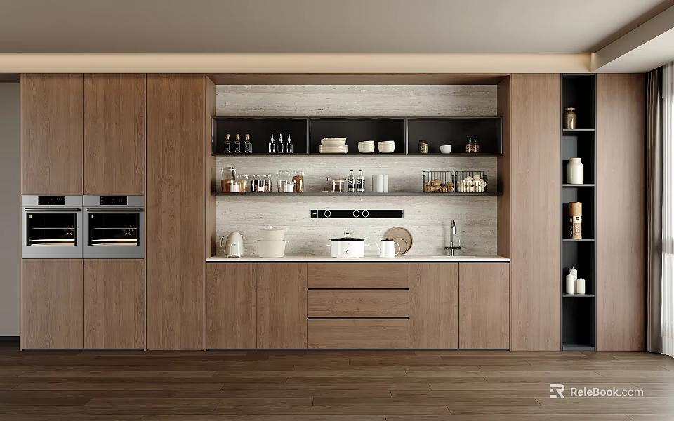 Modern Kitchen Sideboard Cabinet Design With Sleek Wood Storage Countertop And Appliances 3d model 