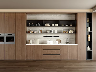 Modern Kitchen Sideboard Cabinet Design With Sleek Wood Storage Countertop And Appliances 3d model