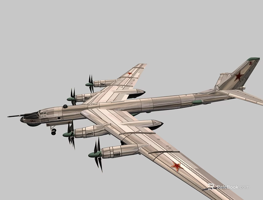 Classic Passenger Plane In Flight With Four Propeller Engines And Red Star Symbols 3d model 