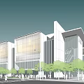 Modern Commercial Complex with Glass Facade Evening Lighting Green Trees and Street Cars