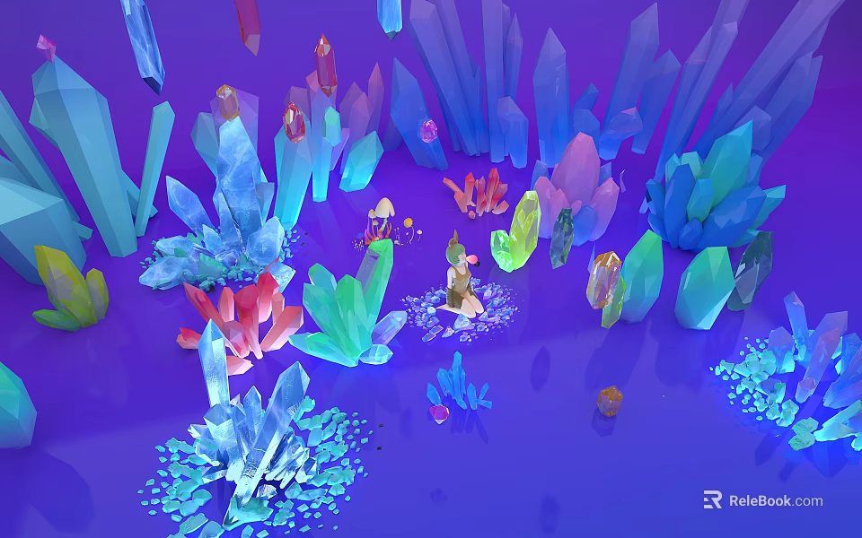 Vibrant Colorful Crystal Art Installation With Purple Blue Green Pink Structures And Illuminated Design 3d model 