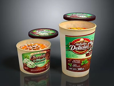 Delicious Chocolate And Mint Chocolate Ice Cream In Paper Tubs With Colorful Lids 3d model