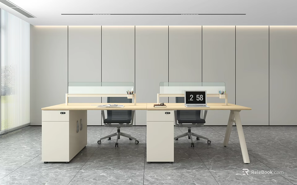 Contemporary Office Desk Setup With Glass Partitions Black Office Chairs And White Storage Cabinets 3d model 