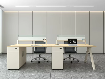 Contemporary Office Desk Setup With Glass Partitions Black Office Chairs And White Storage Cabinets 3d model