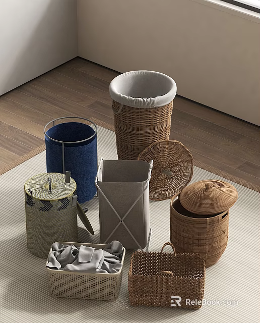 Stylish Modern Bathroom Accessories Including Wicker Fabric Storage Bins With Lids 3d model 
