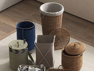 Stylish Modern Bathroom Accessories Including Wicker Fabric Storage Bins With Lids 3d model
