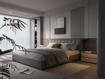 Modern Minimalist Bedroom Interior With Upholstered Headboard Nightstand Decorative Painting Window And Area Rug 3d model
