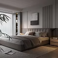 Modern Minimalist Bedroom Interior With Upholstered Headboard Nightstand Decorative Painting Window And Area Rug