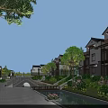 Traditional Chinese Style Townhouses With Stone Bridge Water Canal And Lush Greenery