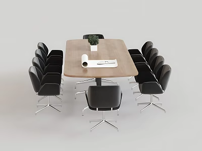 Rectangular Wooden Conference Table With Documents Small Potted Plant And Black Modern Chairs 3d model