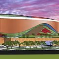 Unique Architectural Structure With Circular Center Colorful Petal Shaped Roofs And Surrounding Greenery
