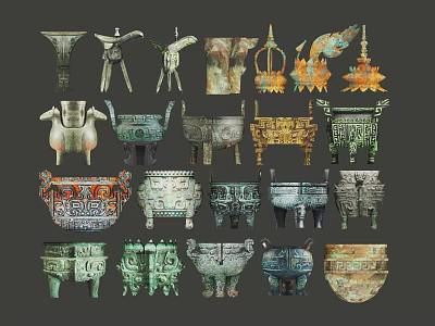 Traditional Bronze Decorative Ornaments Collection with Various Ancient Patterns and Shapes 3d model