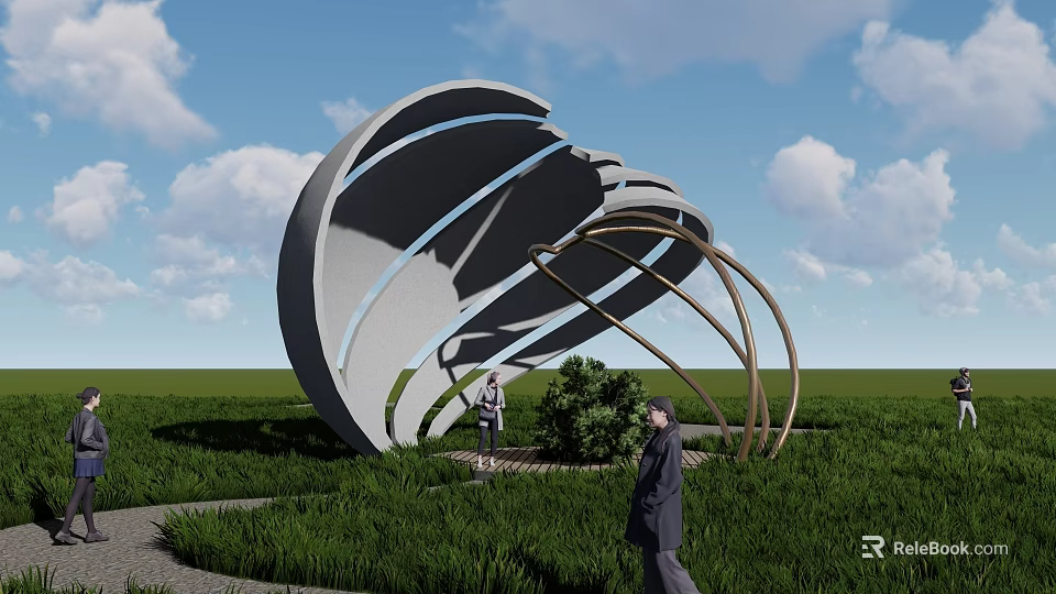 Large Spiral Artistic Sculpture In Green Grassland With People Blue Sky And White Clouds 3d model 