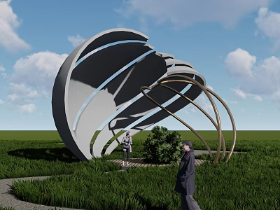 Large Spiral Artistic Sculpture In Green Grassland With People Blue Sky And White Clouds 3d model