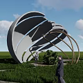 Large Spiral Artistic Sculpture In Green Grassland With People Blue Sky And White Clouds