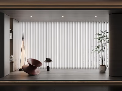 White Vertical Striped Curtains In Modern Minimalist Interior With Brown Chair And Green Plant 3d model