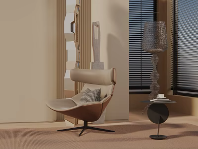 Beige Modern Accent Chair With Soft Pillow And Side Table Near Floor Lamp 3d model