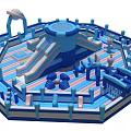Inflatable Play Equipment With Slide Structures Blue And White Striped Design And Safety Barriers