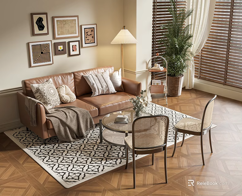 Brown Leather Sofa With Throw Pillows Glass Coffee Table Rattan Chairs And Potted Plant Decorative Paintings 3d model 
