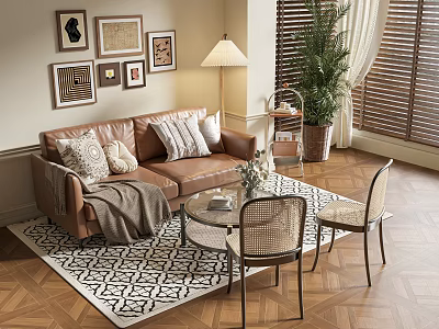 Brown Leather Sofa With Throw Pillows Glass Coffee Table Rattan Chairs And Potted Plant Decorative Paintings 3d model