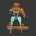 Game Movie Character Robot With Orange And Teal Color Holding Tools On Skate Like Device