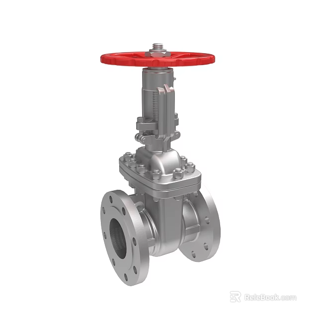 Silver Industrial Gate Valve With Red Handwheel And Flange Connection 3d model 