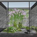 Indoor Courtyard Garden With Glass Enclosure Purple Flowers And Green Plants