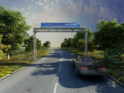 Road Facilities with Overhead Gantry Blue Billboard Trees and Parked Black Car 3d model