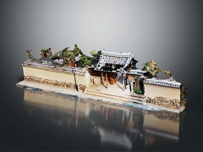 Traditional Chinese Architectural Model With Curved Cornices Tiled Roof Carved Walls And Green Plants 3d model