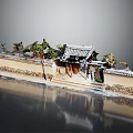 Traditional Chinese Architectural Model With Curved Cornices Tiled Roof Carved Walls And Green Plants