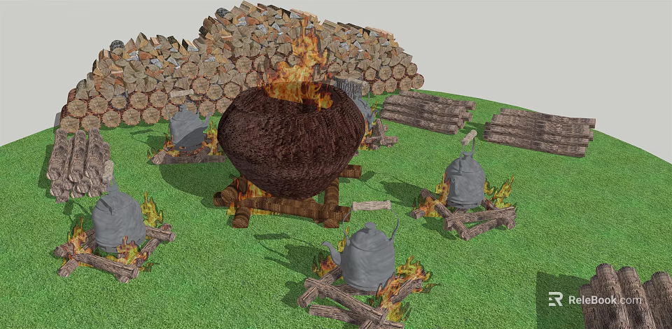 Garden Bonfire Feature With Stacked Firewood Metal Kettles And Wooden Stands On Grass 3d model 