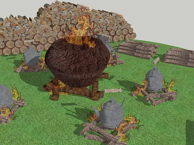 Garden Bonfire Feature With Stacked Firewood Metal Kettles And Wooden Stands On Grass 3d model