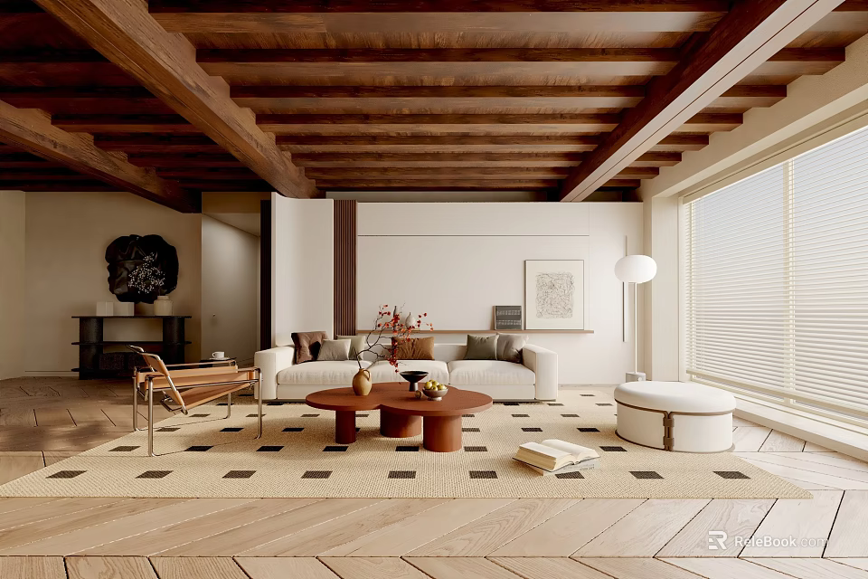 Stylish Living Room Interior With Wooden Ceiling Beams White Walls Sofa Coffee Table And Rug 3d model 