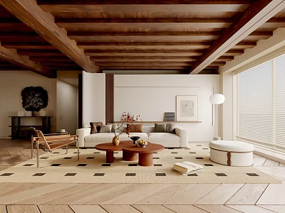Stylish Living Room Interior With Wooden Ceiling Beams White Walls Sofa Coffee Table And Rug 3d model
