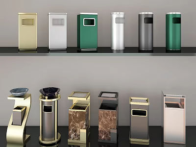 Public Facilities Trash Bins In Various Colors And Styles With Ashtrays And Marble Designs 3d model
