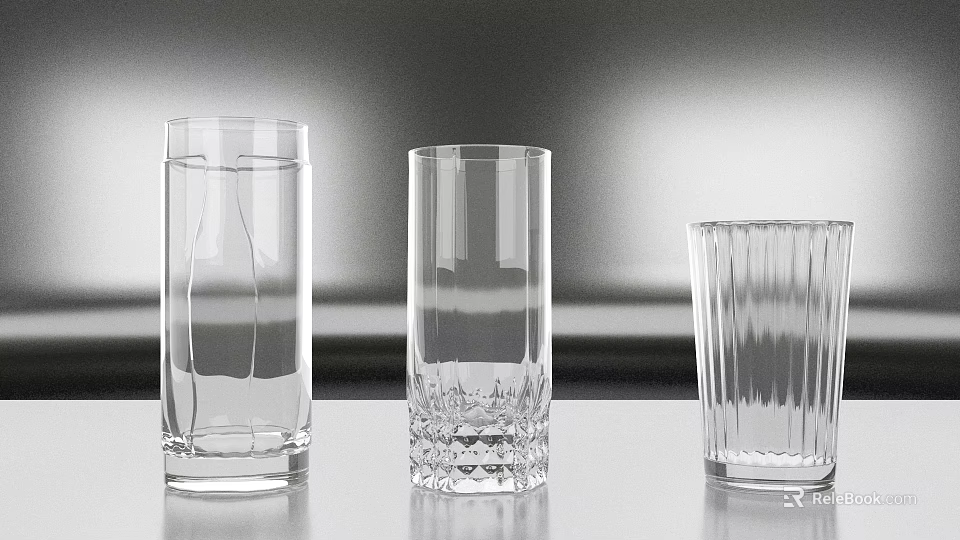 Transparent Glass Cups With Different Designs On Light Surface And Minimalist Gray Backdrop 3d model 
