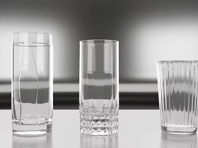 Transparent Glass Cups With Different Designs On Light Surface And Minimalist Gray Backdrop 3d model
