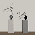 Two Flower Vases With Stone Texture Spherical Top And Twigs On Wooden Tabletop