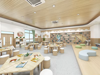 Bright Kindergarten Interior With Wooden Tables Stools Bookshelves And Plants 3d model