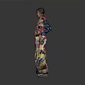 Woman Wearing Colorful Kimono With Floral Patterns Standing Against Gray Background