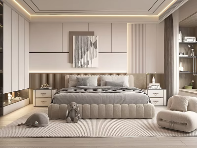 Modern Bedroom Interior With Upholstered Bed Bedside Tables Soft Rug And Decorative Painting 3d model