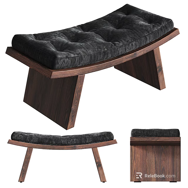 Modern Wooden Stool With Angled Legs And Black Cushioned Seat For Indoor Seating 3d model 