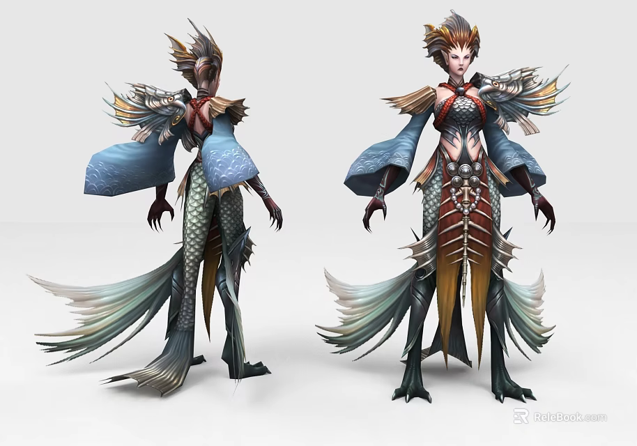 Game Movie Character With Mythical Fish Tail And Feathered Costume Design 3d model 