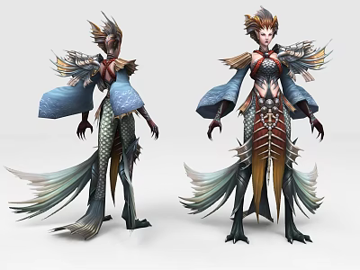 Game Movie Character With Mythical Fish Tail And Feathered Costume Design 3d model